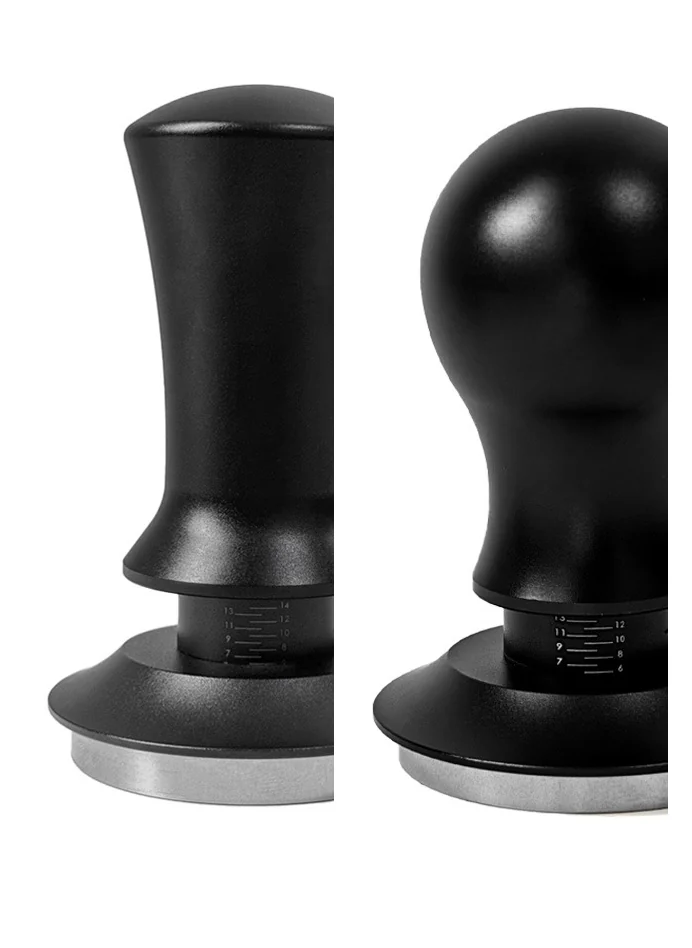Two coffee tampers side by side, one with a straight tapered handle and one with a rounded bulb handle