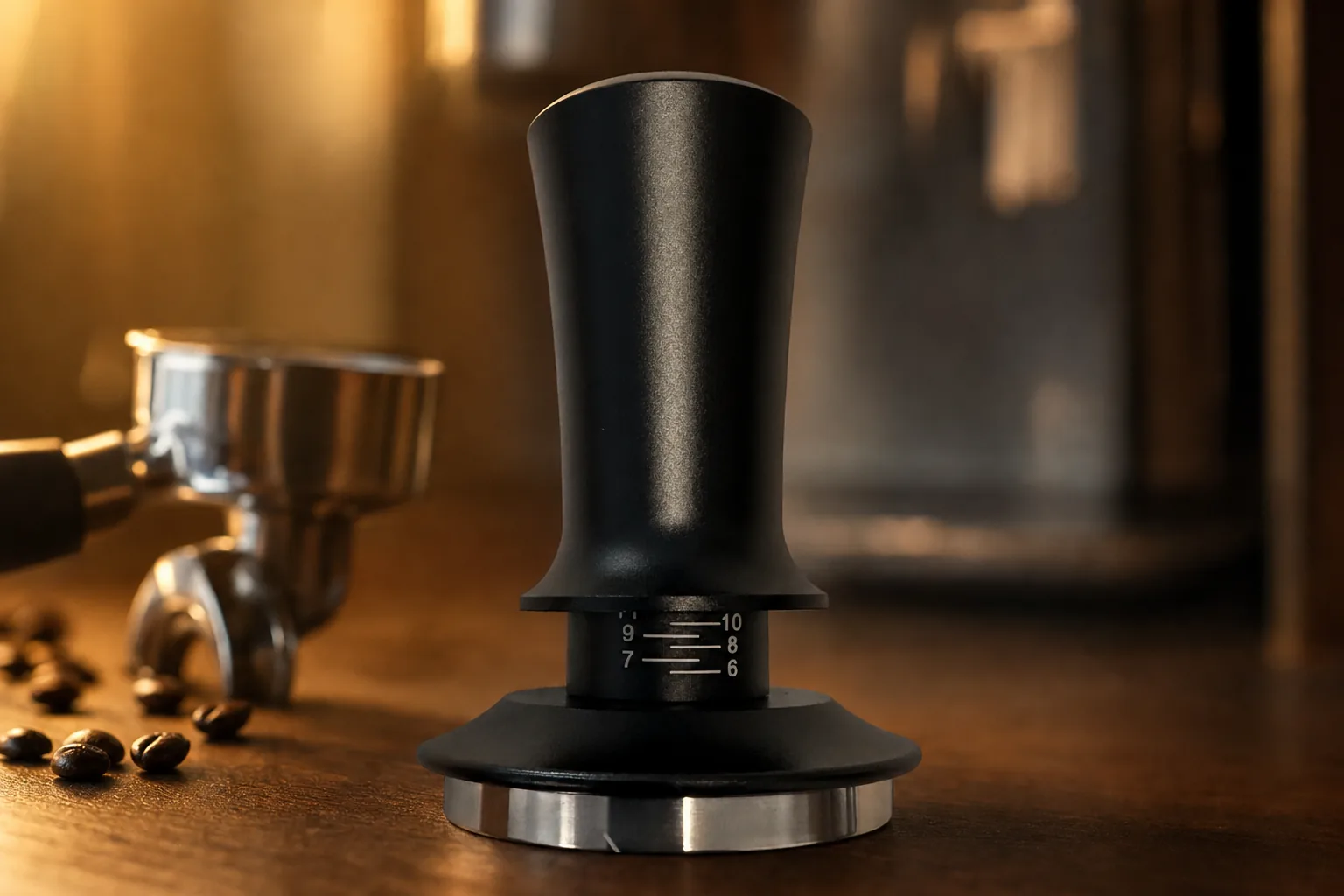Black calibrated coffee tamper standing on an espresso bar counter beside a portafilter
