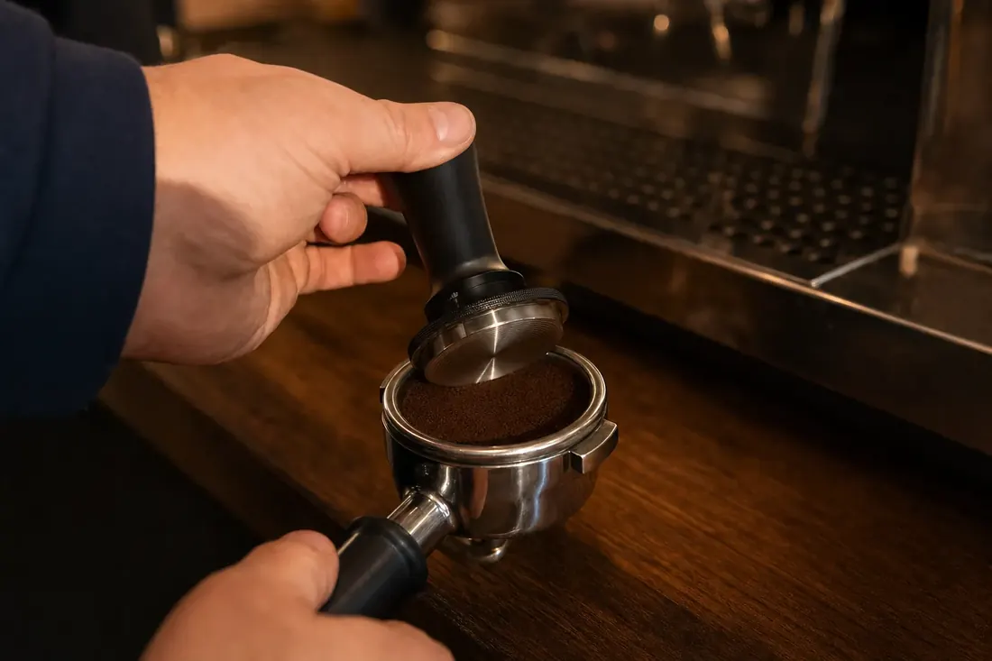Hand pressing a calibrated tamper into a portafilter of dosed coffee on a wooden counter