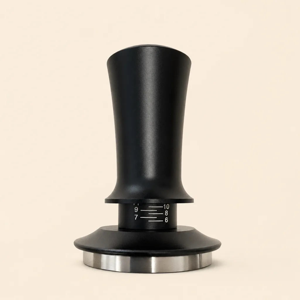 Coffee tamper shown against a plain background, matte black handle and polished stainless base
