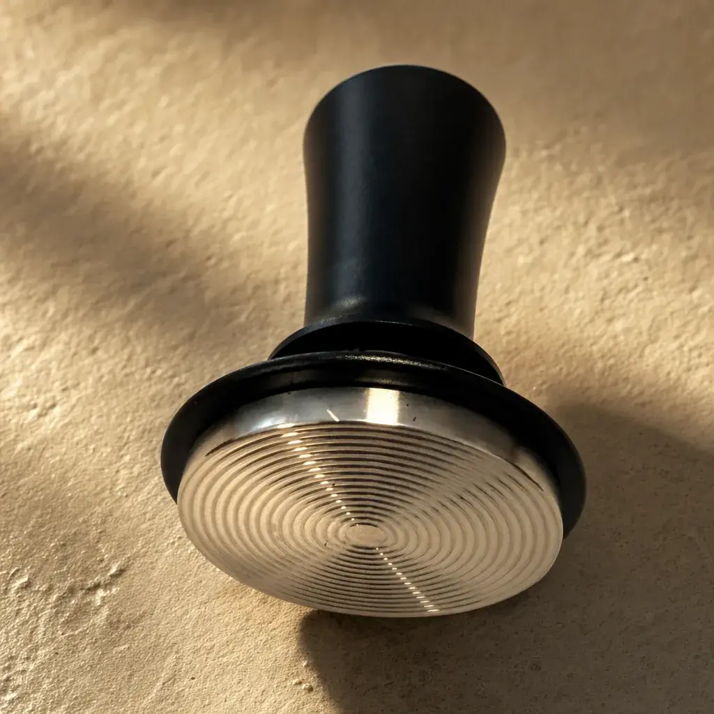 Close-up of the stainless steel ripple base of an espresso tamper, concentric grooves catching side light