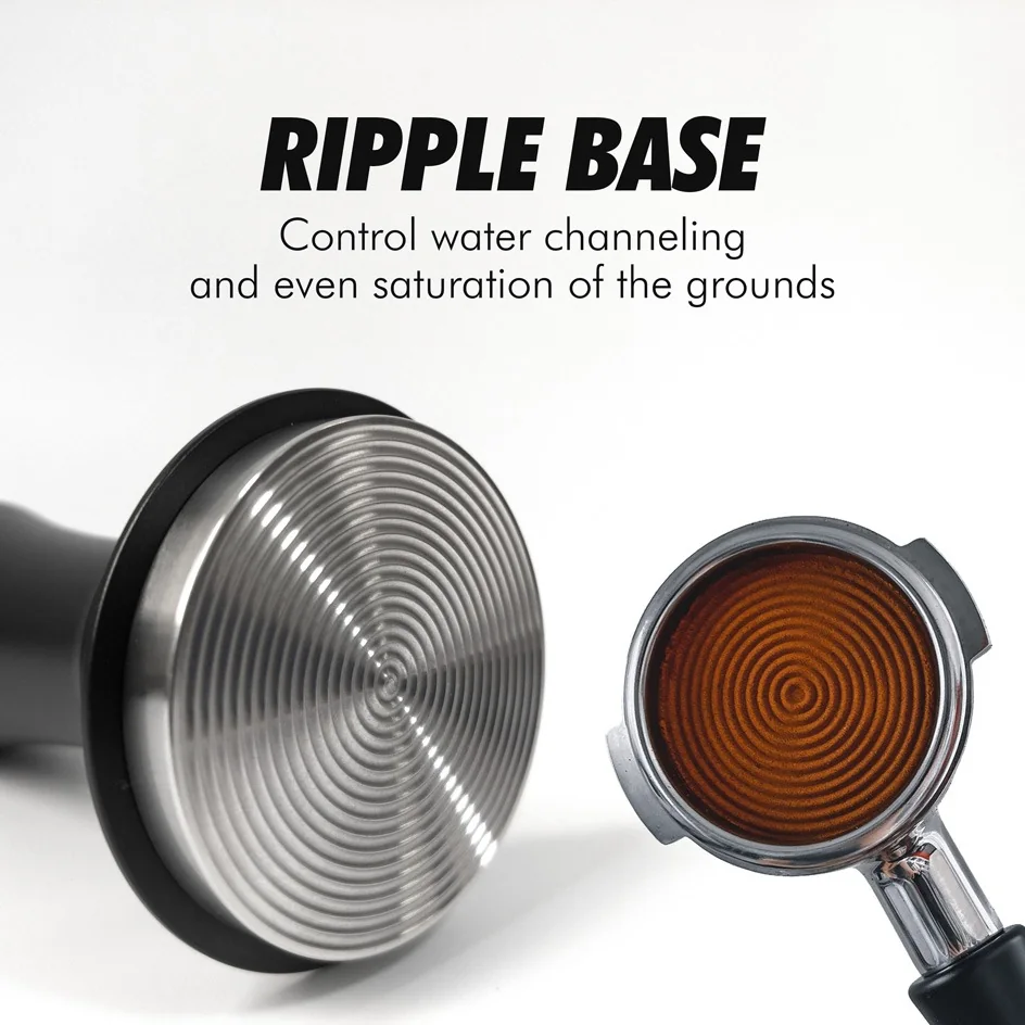 Stainless steel ripple base beside a portafilter holding a tamped coffee puck with matching concentric rings
